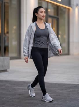 High-waisted black moisture-wicking leggings paired with a cropped charcoal grey tank top and an oversized lightweight windbreaker for a functional workout-to-errands look.