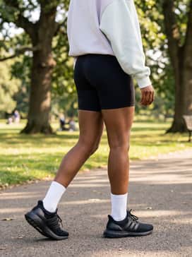 Summer Sporty: Match with black high-rise biker shorts, a pastel oversized sweatshirt, and white crew socks to highlight the sleek silhouette of the all-black sneaker.
