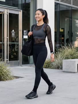 Ultraboost 5 Shoes – Black high-rise compression leggings paired with a matching charcoal sports bra and a sheer mesh layering top for a functional yet stylish gym outfit.