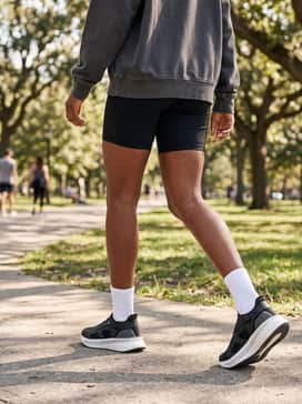 Ultraboost 5 Shoes – Black cycling shorts matched with an oversized vintage graphic sweatshirt and mid-calf athletic socks for a retro-inspired casual aesthetic.