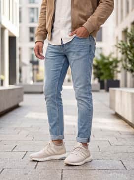 Slim-fit light wash denim jeans rolled at the ankle, worn with a tucked-in white linen shirt and a tan suede bomber jacket for a smart-casual weekend look.