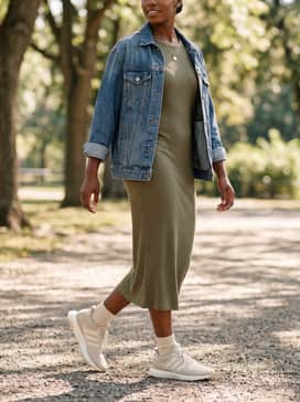 An olive midi knit dress layered with a denim jacket and accessorized with a simple gold pendant necklace to contrast the sporty silhouette with a feminine touch.