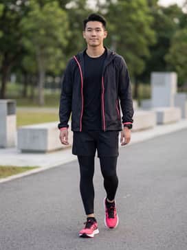 Ultrarun 5 Running Shoes – A performance-focused look featuring black compression tights paired with five-inch unlined running shorts, a moisture-wicking black tech tee, and a lightweight neon-accented windbreaker for early morning visibility.
