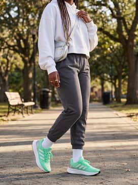 Ultrarun 5 W Running Shoes – An effortless errands outfit pairing charcoal grey joggers with an oversized cropped white hoodie and a sleek silver crossbody bag to mirror the shoe's hardware.
