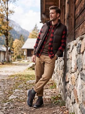 Ulttrn – The Weekend Trek: Style with durable khakis, a buffalo-check flannel shirt in red and black, and a down-filled gilet for a classic, rugged outdoor ensemble.