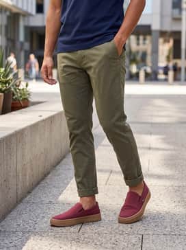 Unless Seaside – Style with olive green tapered chino pants cuffed at the ankle and a navy blue knit polo shirt for a smart-casual ensemble that plays with earthy tones.