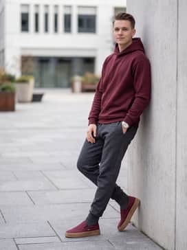 Unless Seaside – Combine with charcoal grey tech-fleece joggers and a matching burgundy oversized hoodie to lean into a cozy, monochromatic athleisure aesthetic.