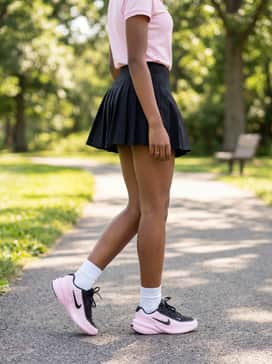 A black pleated athletic skirt worn with a tucked-in pastel pink polo shirt and high-top white socks for a classic, sporty-chic aesthetic.
