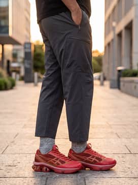 Us6s Gelkinetic Fluent – A neutral, minimalist outfit consisting of wide-leg cream trousers and a simple white heavyweight tee to allow the vibrant red shoes to act as a bold statement piece.
