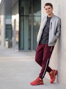 An urban sporty vibe featuring burgundy track pants with a side stripe, a tucked-in graphic t-shirt, and a silver metallic bomber jacket to match the shoe's technical details.