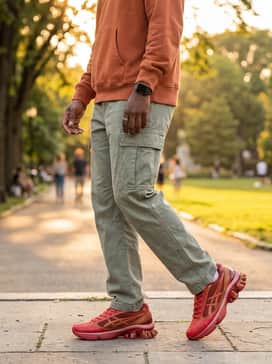 Us6s Gelkinetic Fluent – A casual weekend look with relaxed-fit faded denim, a pale pink sweatshirt that picks up the shoe's lighter accents, and an olive green utility vest.