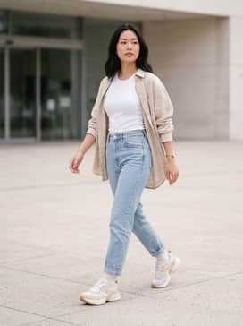 Light-wash mom jeans paired with a cropped white ribbed tank top and an oversized beige linen button-down shirt left open.