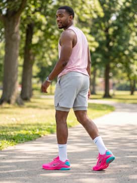 Vapor 12 Hypersmash – A summer-ready athletic vibe with light grey tech-fleece shorts, a matching pastel pink tank top, and a lightweight white baseball cap.