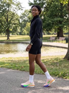 Vaporfly 4 Eliud Kipchoge – Opt for a minimalist athletic aesthetic with olive green bike shorts, a black cropped zip-up performance jacket, and a simple sports watch to keep the focus on the shoes' innovative silhouette.