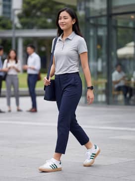 Navy cropped tapered trousers paired with a light grey moisture-wicking polo shirt and a sleek messenger bag for a commute-ready aesthetic.
