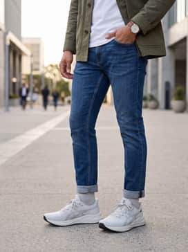 Slim-fit indigo denim jeans with a simple white crew-neck t-shirt and an unbuttoned olive green chore coat for a relaxed weekend vibe.