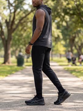 Versablast 4 Wide – Gym-ready: Fitted charcoal sleeveless muscle hoodie paired with black performance sweatpants that feature a cuffed ankle to highlight the shoe's silhouette.