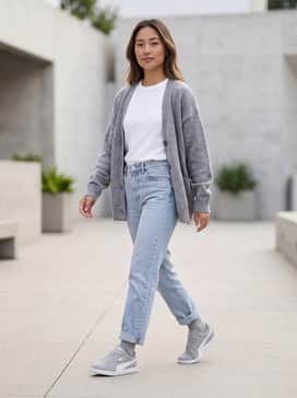 Pair with light-wash straight-leg denim, a simple white crewneck tee, and a matching grey oversized cardigan for a cohesive, relaxed weekend look.