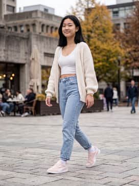 High-waisted light wash mom jeans, a white cropped tank top, and an oversized cream knit cardigan for a cozy, layered weekend look.