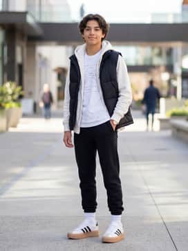 Classic black joggers with a sleek white hoodie and a matching puffer vest for a sporty, cozy weekend look.