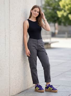 Vl Court Bold Shoes Junior – Grey cargo pants and a fitted black bodysuit, allowing the vibrant colors of the shoes to act as the primary accessory.