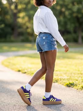 Distressed denim shorts with a tucked-in oversized white button-down shirt for a fresh, high-contrast summer streetwear outfit.