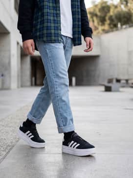 A pair of light-wash straight-leg denim jeans cuffed at the ankle, paired with a classic white graphic t-shirt and an unbuttoned flannel shirt for a layered look.