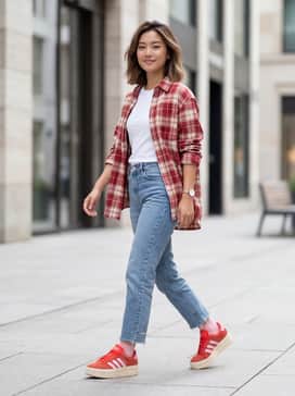 Vl Court Bold Shoes – High-waisted light wash straight-leg jeans with a frayed hem, a crisp white baby tee, and an oversized red flannel shirt worn open for a coordinated, laid-back look.