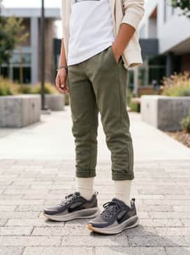 A trendy school outfit consisting of tapered olive joggers, a crisp white graphic t-shirt, and a matching cream-colored hoodie to pull from the midsole tone.