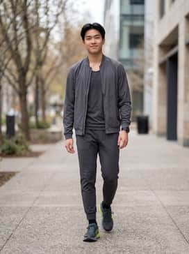 Vomero 18 – A high-performance look featuring black compression leggings, a neon-accented moisture-wicking singlet, and a lightweight anthracite running jacket.