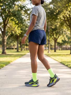 Vomero 18 – An athletic training outfit comprising navy blue performance shorts, a heather grey dri-fit tee, and neon green crew socks to complement the shoe's accents.