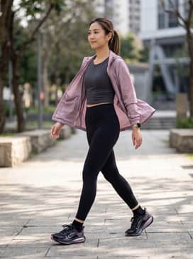 Vomero 18 Se – High-performance look: Pair with high-waisted black compression leggings, a charcoal moisture-wicking cropped tank, and a lightweight mauve windbreaker to match the shoe's metallic accents.
