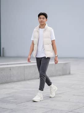 Pair with charcoal grey tapered joggers, a white crewneck t-shirt, and a cream-colored puffer vest for a layered, athletic look.