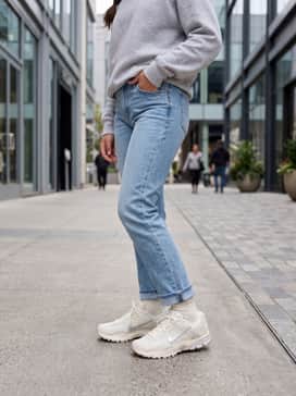 Combine with light-wash straight-leg jeans, a vintage-style collegiate sweatshirt, and a baseball cap for a timeless casual aesthetic.