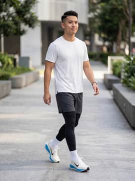 Vomero Plus – A performance-focused look featuring black compression tights, charcoal running shorts, and a moisture-wicking white tech-tee.