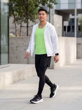 High-performance black compression tights paired with a vibrant neon mesh running tank and a lightweight white windbreaker for a dedicated athletic look.