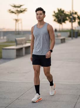 Vomero Premium – Black compression tights layered under 5-inch neon-accented running shorts, paired with a fitted white moisture-wicking racerback tank.