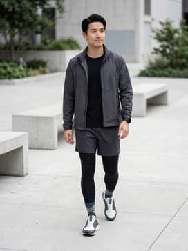 A high-performance athletic look featuring black moisture-wicking compression tights, grey technical shorts, and a breathable GORE-TEX running jacket in a matching charcoal hue.