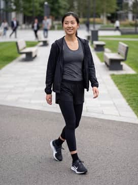 Winflo 11 – High-waisted black compression leggings paired with a charcoal grey moisture-wicking racerback tank and a lightweight windbreaker.
