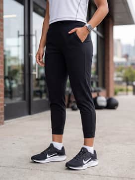 Tapered black joggers worn with a cropped white graphic tee and an oversized denim jacket for a relaxed streetwear vibe.