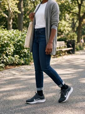 Winflo 11 – Dark wash slim-fit jeans with a tucked-in basic white tee and a neutral grey cardigan for a sporty-casual daily outfit.