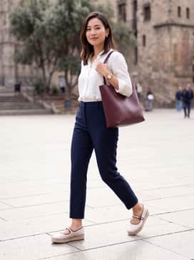 Womens Cloudfeel Asbury Mary Jane Ballet Flats – Pair with navy blue tailored ankle trousers, a crisp white silk blouse, and a burgundy leather tote to mirror the shoe's trim.