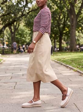 Womens Cloudfeel Asbury Mary Jane Ballet Flats – Match with a khaki utility-style skirt and a burgundy striped Breton top for a chic, nautical-inspired casual outfit.