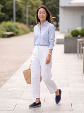 A pair of white wide-leg linen trousers paired with a light blue striped button-down shirt tucked in, accessorized with a woven straw tote bag.
