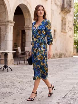 Womens Constantina Sandals – A vibrant floral wrap dress in a satin fabric, accessorized with delicate gold jewelry for a classic summer wedding guest outfit.