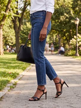 Womens Constantina Sandals – Dark wash straight-leg denim jeans, a crisp white button-down shirt, and a structured leather handbag for a chic and elevated casual outfit.