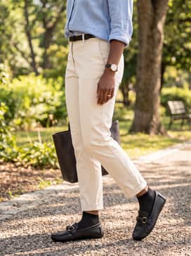 Womens Emmie Knot Drivers – Opt for a relaxed but refined vibe with cream-colored chinos, a light blue linen shirt with rolled sleeves, and a matching black leather belt.