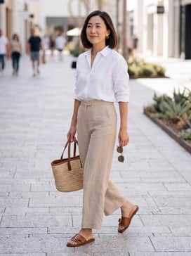 Womens Goto Emalia Slide Bow Sandals – A white linen button-down shirt tucked into beige high-waisted wide-leg trousers, paired with a straw tote and delicate gold jewelry.