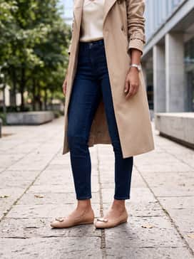 Womens Goto Tova Bow Ballet Flats – Dark wash skinny jeans, a cream silk camisole, and a classic beige trench coat for an effortless and chic city-strolling look.