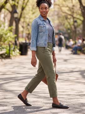 Womens Grand Ambition Alette Buckle Loafers – Olive green straight-leg chinos styled with a navy-and-white striped Breton top and a light denim jacket for an elevated casual weekend vibe.